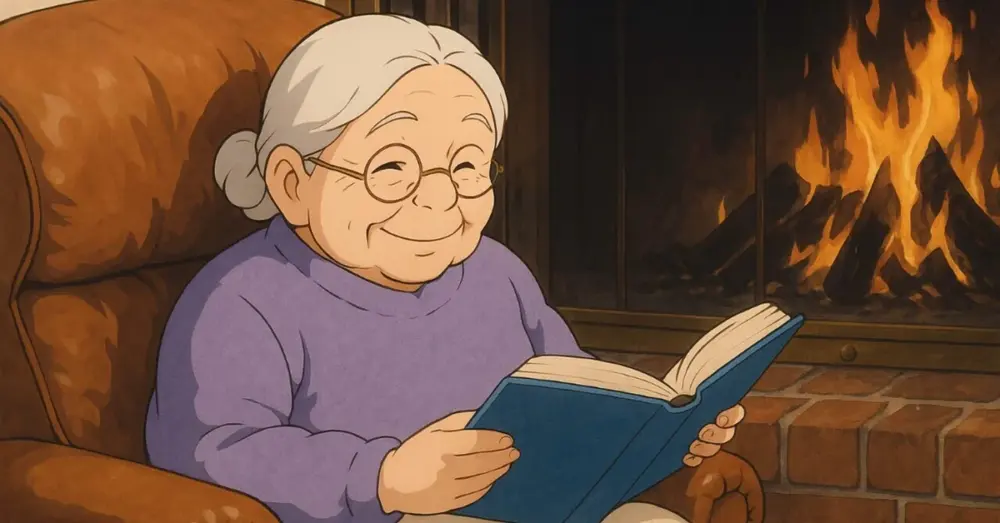 暖炉の前のおばあさん