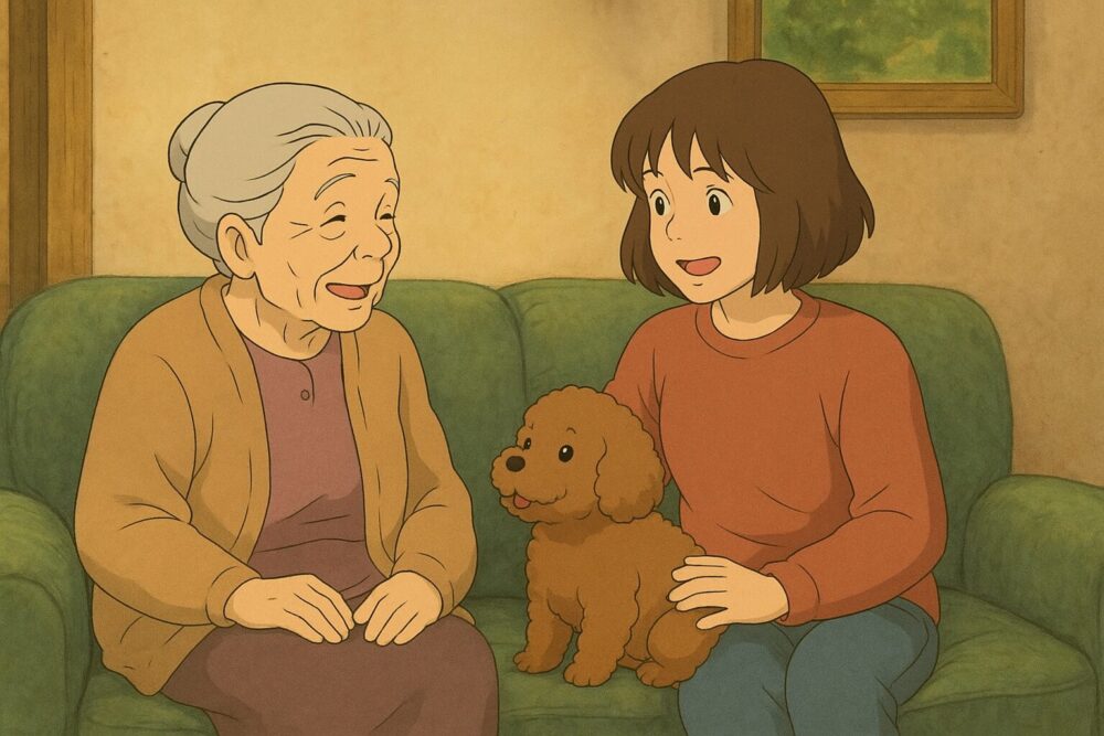 母と私と犬でソファー