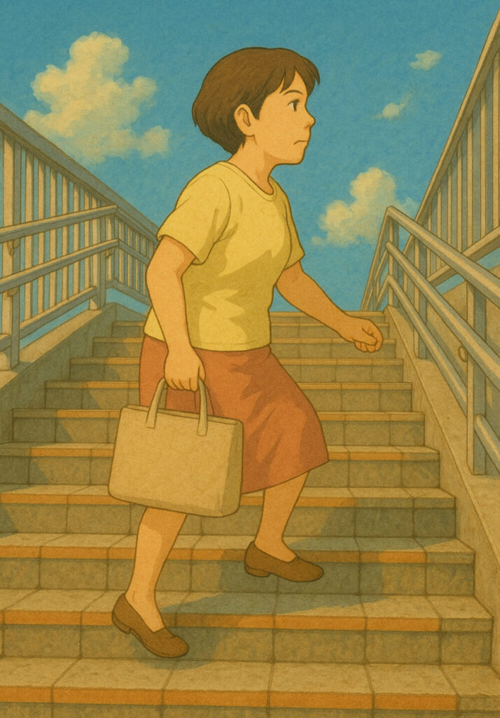 歩道橋をのぼる主婦