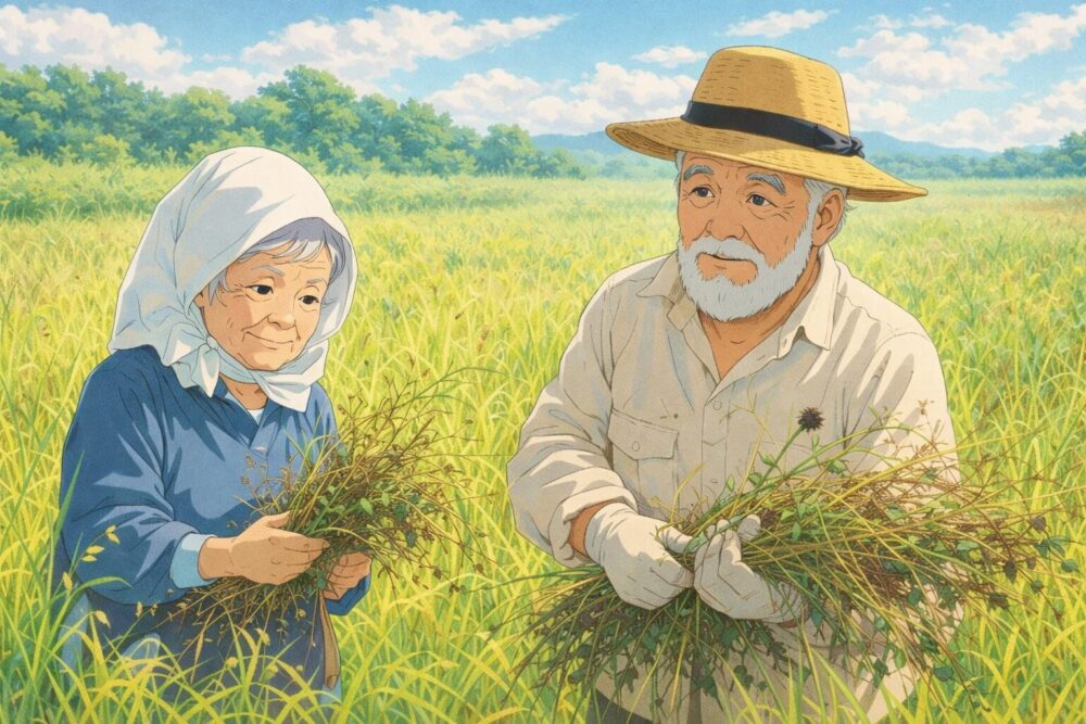 田んぼで働く老夫婦